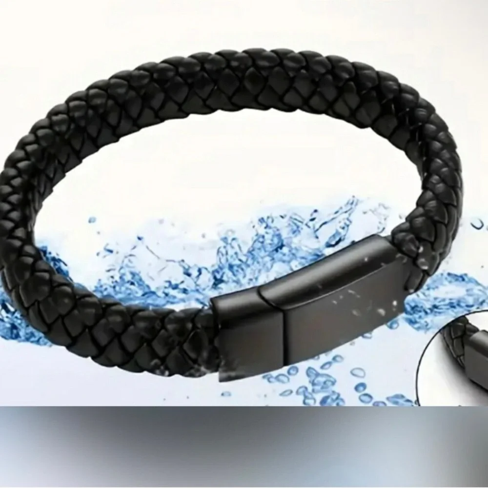 Mens Braided Genuine Leather Bracelet Black Magnetic Buckle 8.2 Inch Cord Wrap